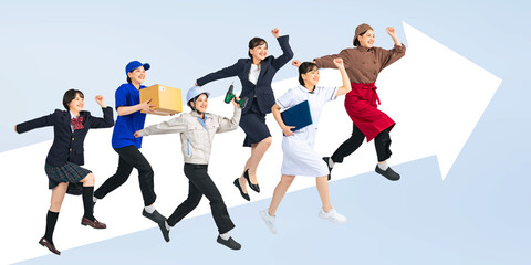 Poster - ジャンプする様々な職業に扮した同一人物女性の合成イメージ（切り抜き背景透過PNGも販売しております。作成者リンクから「PNG」で検索してください）