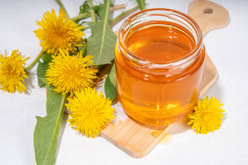 Wall Mural - Dandelion jam, jelly confiture in a jar with fresh dandelion flowers on a white table background