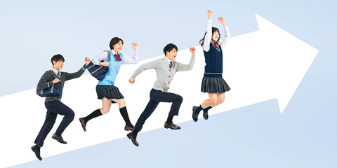 Poster - 上に向かってジャンプする学生のグループ（切り抜き背景透過PNGも販売しております。作成者リンクから「PNG」で検索してください）