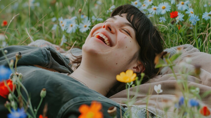 Wall Mural - A person is lying down amidst a colorful field of blooming flowers, surrounded by natures beauty under a clear sky