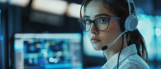 Poster - An attractive woman uses a computer and wears a headset in a room for monitoring and controlling infrastructures. A female engineer sits in a call center office while working.