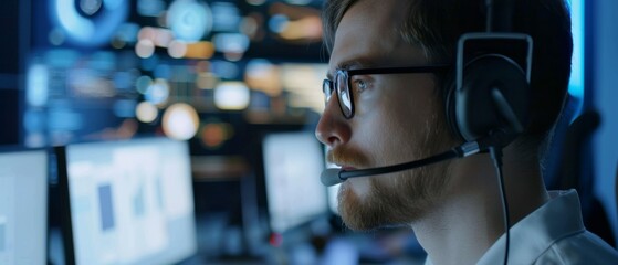 Poster - Male Data Scientist wearing a headset in big infrastructure control and monitoring room. Young Engineer in a Business Call Center Office Room.