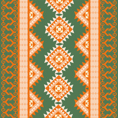 Traditional ethnic, geometric ethnic fabric pattern for textiles, rugs, wallpaper, clothing, sarong, batik, wrap, embroidery, print, background,cover,vector illustration, green,white,orange patterns.