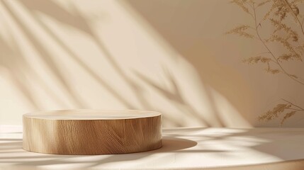 Aufkleber - A round wooden saw cut cylinder shape on a beige background. An abstract scene with a geometric podium and box. An empty showcase that shows eco cosmetic products.