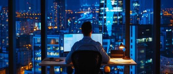 Wall Mural - The back view of a businessman working on his desktop computer at his desk. Elegant office with dim light and a large cityscape window view.