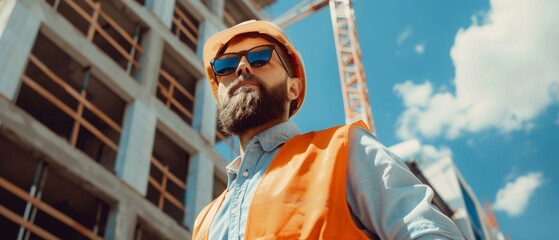 Poster - A confident bearded civil engineer-architect is standing outside in a construction site on a bright day wearing a hard hat, shirt, and safety vest.