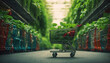 Shopping cart filled with green plants with green nature in the background, eco awareness

