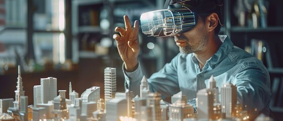Poster - Modern Professional Architect Wearing Virtual Reality Headset Moves, Designs, Manipulates Buildings for 3D City. Mixed Augmented Reality Software. VFX Special Visual Effects.