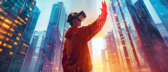 Poster - Modern Architect Wearing Virtual Reality Headset Creates Buildings for 3D City with Gestures. Mixed Augmented Reality Software. VFX Special Visual Effects