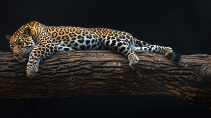 Wall Mural - Leopard resting on a log against a black background