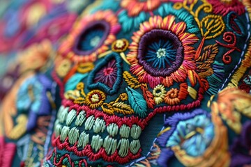 Wall Mural - Macro view of a colorful 3d intricately carved embroidered art, skull mexican traditional style, golden thread