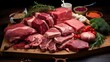 Assorted raw meats including beef, pork, and chicken neatly arranged on a butchers block, showcasing variety and freshness