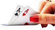 Two poker aces cards with woman's hand isolated on transparent background.