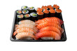 A variety of fresh sushi and sashimi, artistically presented, with a transparent background for food-related themes.