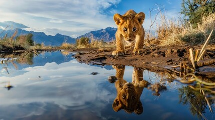 Wall Mural - Lion cub looks at the reflection of an adult lion in the water on the background of mountains