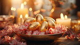 Fototapeta Paryż - Easter Eggs In Golden Bowl With Candles and Pink Flowers On The Table Focus on Foreground