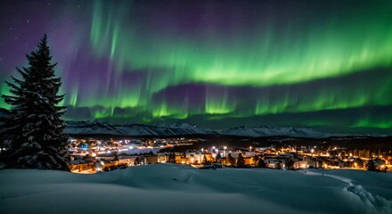 Poster - Northern lights over a city.	
