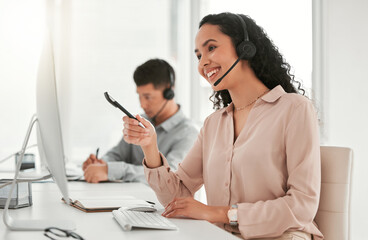 Sticker - Call center, computer and woman consultant in office for telemarketing crm online consultation. Communication, customer service and female technical support advisor working on desktop in workplace.