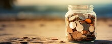 A Charming, Rustic Image Of A Jar Filled With Coins Labeled "Vacation Fund", Styled In A Warm And Nostalgic Design. Space For Text.