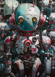 Japanese anime giant robot manga illustration with futuristic Gundam inspired background. Generative AI