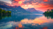 Annecy Lake In Alps Mountains At Sunset France.