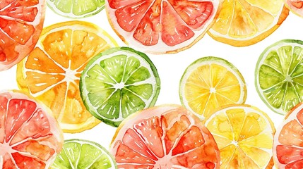 Wall Mural - Summertime fruit watercolor background. Slices of orange, pink grapefruit, lime and lemon fruits isolated on a white background