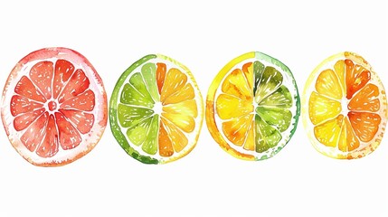 Wall Mural - Summertime fruit watercolor background. Slices of orange, pink grapefruit, lime and lemon fruits isolated on a white background