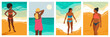 Set of Summer beach vacation posters. Women sunbathing and having fun on a beach. Sea and beach vector illustrations.