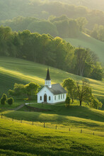 Nestled Atop A Gentle Slope, Amidst A Patchwork Of Vibrant Green Fields And Rolling Hills, Stands A Quaint And Charming Small Church. 
