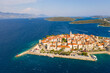 Korcula, Croatia: Aerial view of the Korcula medieval old town by the Adriatic sea in Croatia in a sunny summer day.