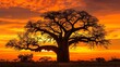 The distant silhouette of a majestic baobab tree against the vibrant orange sky serves as the perfect backdrop for a restful sleep in the heart of the African savanna. 2d flat cartoon.