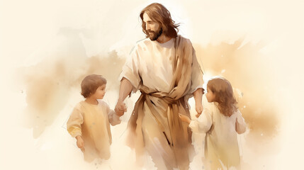 Jesus Christ holding hands with kids. Christianity teaches love and faith in God through the holy figure of Jesus Christ, guiding both children and adults in their religious journey as Christians.