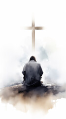 Wall Mural - Man kneeling before the crucifix, fervently praying and worshiping, his faith in God and devotion to Jesus Christ evident in his religious devotion. A man faithfully worships God before sacred cross.