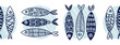 Vector seamless horizontal border with fish. Cute illustration. Polka dot. Sardines.