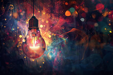 A Solitary Lightbulb Hangs Suspended From The Ceiling, Its Filament Glowing Softly With A Warm, Golden Light. Around The Lightbulb, A Flurry Of Colorful Thought Bubbles And Abstract Shapes