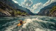 © Sirichat. Camphol - White water kayak, extreme kayak. Man in kayak sailing on mountain river