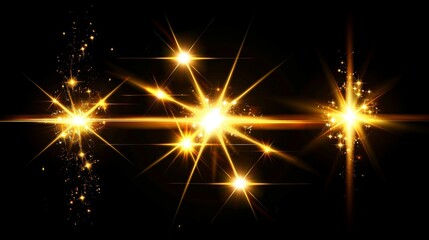 Gold explosion sun ray glow modern effect. Star burst flare with sparkle and glitter set. Abstract bright energy explosion on black background. Realistic starlight design with golden neon halo.