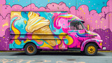 Fototapeta Młodzieżowe - Vibrant pop art painted ice cream truck with playful graphics and bright colors