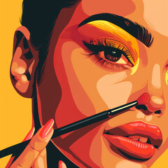 Wall Mural - illustration of a beautiful woman applying lipstick on her lips with a brush.