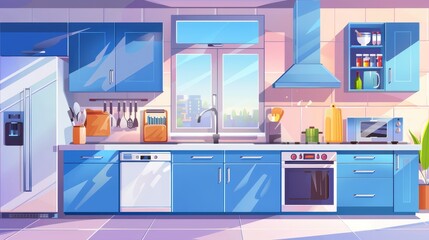 Wall Mural - Cartoon modern illustration of a modern home kitchen interior with clean, white furniture and appliances. There is a large window and cabinetry with utensils. Cozy kitchen with microwave and