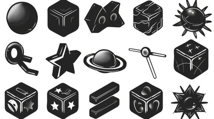 Poster - An icon set of retrowave black icons on a white background. Modern illustration of a retro cube, a planet, a flower, a butterfly, eyes, lollipops, suns, hearts, wireframe landscape shapes.