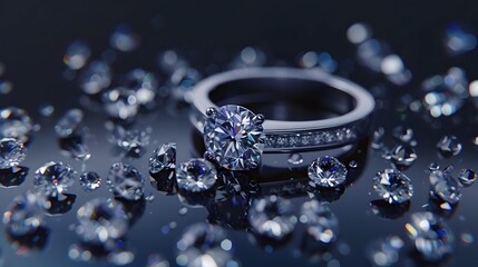 Poster - Platinum diamond ring with many diamonds on black background.
