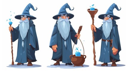 Wall Mural - This is an illustration of an old wizard cartoon character with magic stuff. It shows a warlock wizard with a gray long beard preparing a potion in a cauldron. He is holding a broom and a fantasy