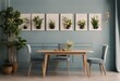 blue armchairs photo interior Real grey table flowers plants Wooden posters