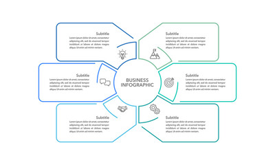 6 process infographic thin line design template. diagram, annual report, business presentation, and organization. Vector illustration.