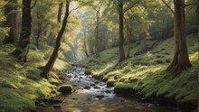 A Small Stream Winds Its Way Through A Lush Green Forest