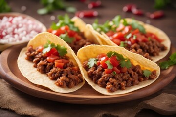 Wall Mural - 'mexican food delicious taco shells ground beef home made salsa meal tortilla yellow corn spicey plate meat tomatoes snack sauce lettuce nobody vegetable dinner tasty cheese spice closeup green fresh'