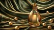 Stunning poster displaying luxury fragrance packaging for lotion or serum on green satin cloth drapery, with gold pearls. The image shows a perfume bottle on an olive green silk fabric folded