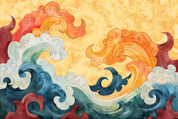 Abstract stylized waves and clouds in traditional Asian art style on yellow gradient background. Colorful sea and sky illustration for wall art and cultural design