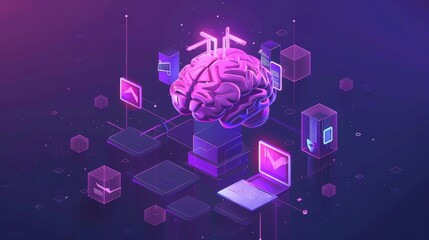 Poster - The future of robots, virtual data, and future technologies are shown on this isometric landing page featuring an AI robot surrounded by a human brain, a laptop, cloud storage, and a server. Future